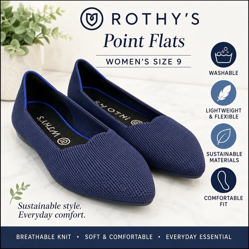 Rothy's The Point Flats Women's 9 Blue Knit Pointed Toe Slip On Washable Shoes